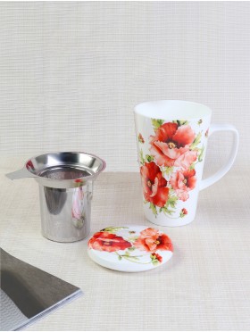 Porcelain Poppy Mug W/ Lid & Infuser With Gift Box